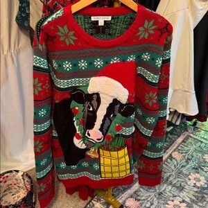 Kohl’s NWOT Festive Red & Green Cow Christmas Sweater with Pocket